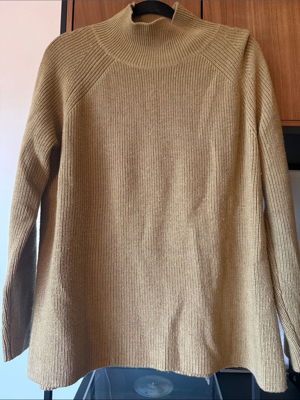 Eileen Fisher Merino Wool Funnel Neck Sweater M | Ribbed Mustard Pullover